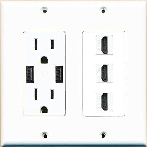 RiteAV 15 Amp 125V Power Outlet (2 Powered USB Charger Receptacle) 3 Hdmi Wall Plate