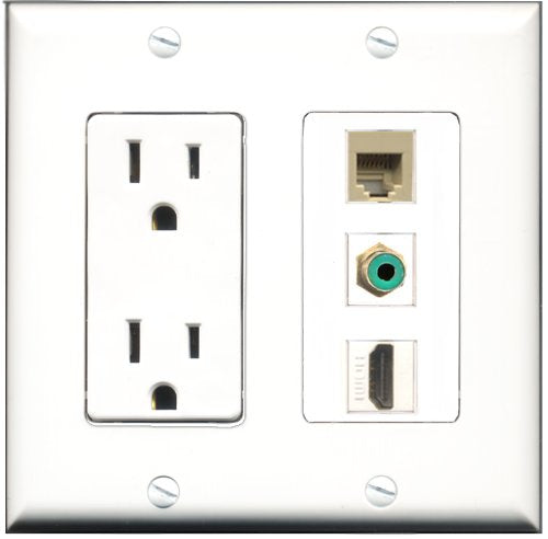 RiteAV - 15 Amp Power Outlet 1 Port HDMI 1 Port RCA Green 1 Port Phone Beige Decorative Wall Plate