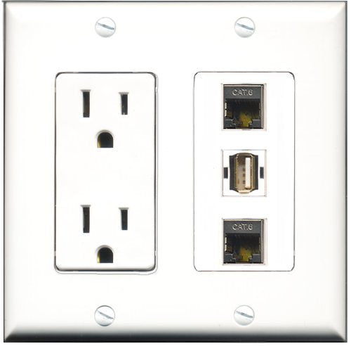 RiteAV - 15 Amp Power Outlet 1 Port USB A-A 2 Port Shielded Cat6 Ethernet Ethernet Decorative Wall Plate