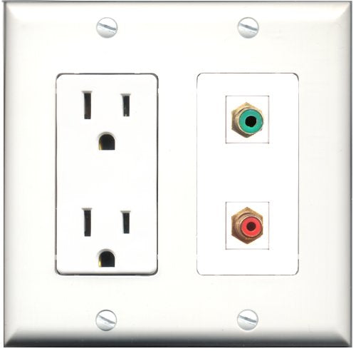 RiteAV - 15 Amp Power Outlet and 1 Port RCA Red and 1 Port RCA Green Decorative Type Wall Plate White