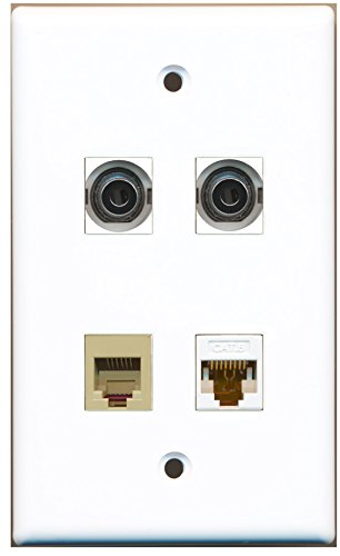 RiteAV - 1 Port Phone RJ11 RJ12 Beige 2 Port 3.5mm 1 Port Cat6 Ethernet White Wall Plate