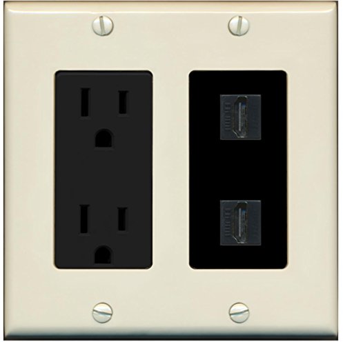 RiteAV - 15 Amp Power Outlet 2 Port HDMI Decorative Wall Plate - Light Almond/Black