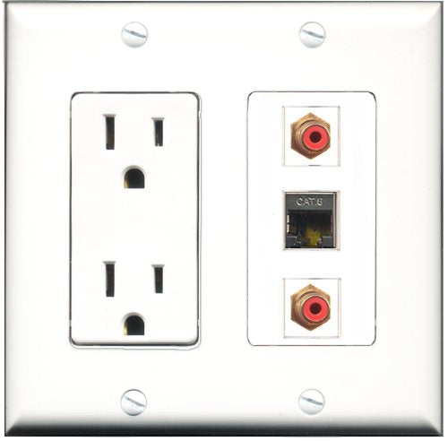 RiteAV - 15 Amp Power Outlet 2 Port RCA Red 1 Port Shielded Cat6 Ethernet Ethernet Decorative Wall Plate