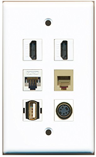 RiteAV - 2 HDMI 1 Port USB A-A 1 Port Phone RJ11 RJ12 Beige 1 Port S-Video 1 Port Cat5e Ethernet White Wall Plate