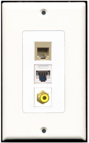 RiteAV - 1 Port RCA Yellow 1 Phone RJ11 RJ12 Beige 1 Cat5e Ethernet White Wall Plate Decorative