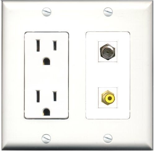 RiteAV - 15 Amp Power Outlet and 1 Port RCA Yellow and 1 Port Coax Cable TV- F-Type Decorative Type Wall Plate White