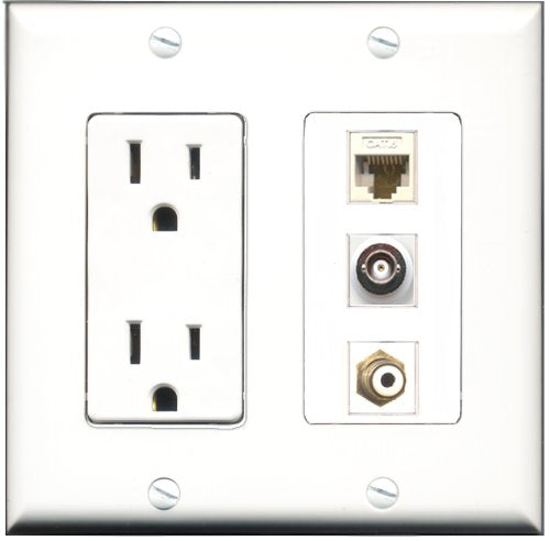 RiteAV - 15 Amp Power Outlet 1 Port RCA White 1 Port RCA Yellow 1 Port BNC Decorative Wall Plate