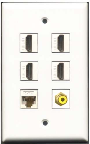 RiteAV - 4 Port HDMI 1 RCA Yellow 1 Cat6 Ethernet White Wall Plate