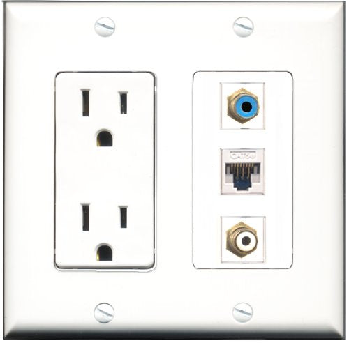 RiteAV - 15 Amp Power Outlet 1 Port RCA White 1 Port RCA Blue 1 Port Cat5e Ethernet White Decorative Wall Plate