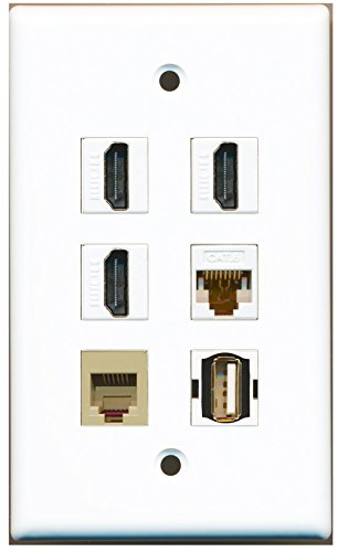 RiteAV - 3 HDMI 1 Port USB A-A 1 Port Phone RJ11 RJ12 Beige 1 Port Cat6 Ethernet White Wall Plate