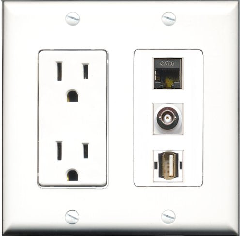 RiteAV - 15 Amp Power Outlet 1 Port USB A-A 1 Port Shielded Cat6 Ethernet Ethernet 1 Port BNC Decorative Wall Plate