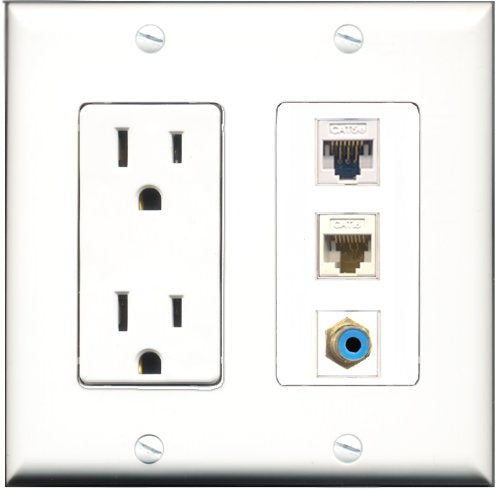 RiteAV - 15 Amp Power Outlet 1 Port RCA Blue 1 Port Cat5e Ethernet White 1 Port Cat6 Ethernet Ethernet White Decorative Wall Plate