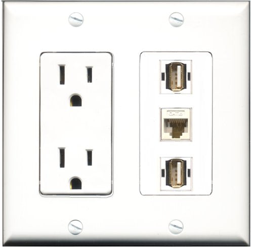 RiteAV - 15 Amp Power Outlet 2 Port USB A-A 1 Port Cat6 Ethernet Ethernet White Decorative Wall Plate