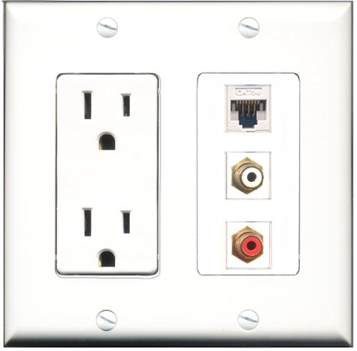 RiteAV - 15 Amp Power Outlet 1 Port RCA Red 1 Port RCA White 1 Port Cat5e Ethernet White Decorative Wall Plate