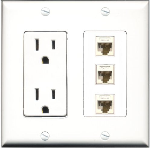 RiteAV - 15 Amp Power Outlet 3 Port Cat6 Ethernet Ethernet White Decorative Wall Plate