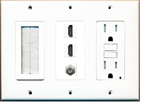 RiteAV - (3 Gang) 15A GFCI Outlet Mesh-Brush 2 HDMI Coax Wall Plate White