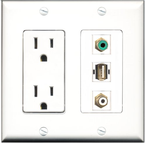 RiteAV - 15 Amp Power Outlet 1 Port RCA White 1 Port RCA Green 1 Port USB A-A Decorative Wall Plate