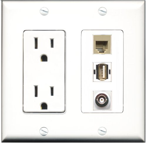 RiteAV - 15 Amp Power Outlet 1 Port USB A-A 1 Port Phone Beige 1 Port BNC Decorative Wall Plate