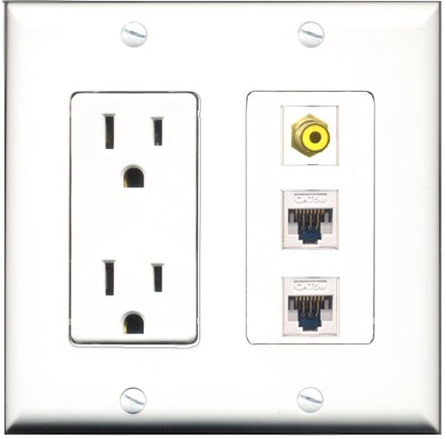 RiteAV - 15 Amp Power Outlet 1 Port RCA Yellow 2 Port Cat5e Ethernet White Decorative Wall Plate