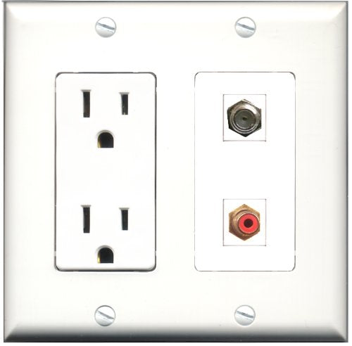 RiteAV - 15 Amp Power Outlet and 1 Port RCA Red and 1 Port Coax Cable TV- F-Type Decorative Type Wall Plate White