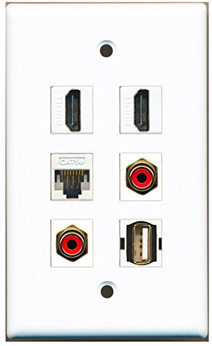 RiteAV - 2 HDMI 2 Port RCA Red 1 Port USB A-A 1 Port Cat5e Ethernet White Wall Plate