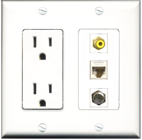 RiteAV - 15 Amp Power Outlet 1 Port RCA Yellow 1 Port Coax 1 Port Cat6 Ethernet Ethernet White Decorative Wall Plate