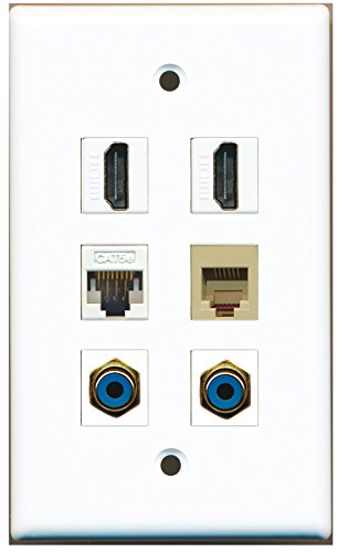 RiteAV - 2 HDMI 2 Port RCA Blue 1 Port Phone RJ11 RJ12 Beige 1 Port Cat5e Ethernet White Wall Plate