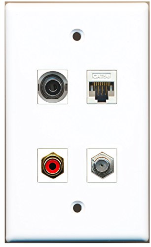 RiteAV - 1 Port RCA Red 1 Port Coax Cable TV- F-Type 1 Port 3.5mm 1 Port Cat5e Ethernet White Wall Plate