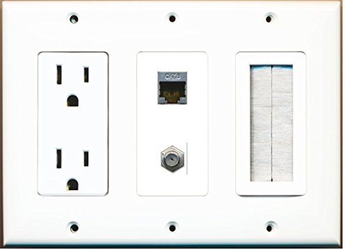 RiteAV - (3 Gang) 15A Power Outlet Mesh-Brush Coax Shielded Cat6 Wall Plate White