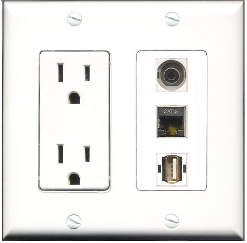 RiteAV - 15 Amp Power Outlet 1 Port USB A-A 1 Port Shielded Cat6 Ethernet Ethernet 1 Port 3.5mm Decorative Wall Plate