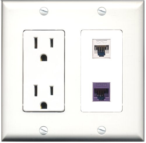 RiteAV - 15 Amp Power Outlet and 1 Port Cat5e Ethernet White and 1 Port Cat5e Ethernet Purple Decorative Type Wall Plate White