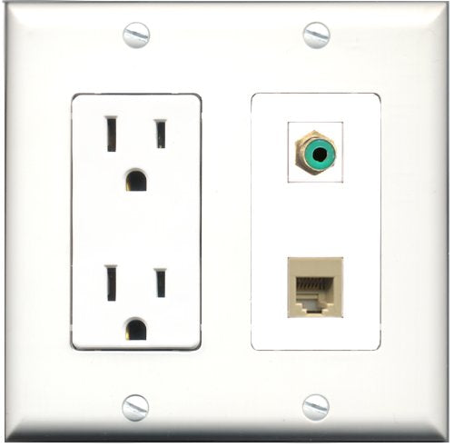 RiteAV - 15 Amp Power Outlet and 1 Port RCA Green and 1 Port Phone RJ11 RJ12 Beige Decorative Type Wall Plate White