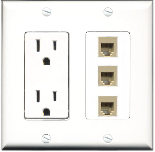 RiteAV - 15 Amp Power Outlet 3 Port Phone Beige Decorative Wall Plate