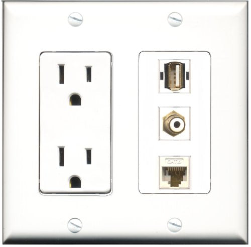 RiteAV - 15 Amp Power Outlet 1 Port RCA White 1 Port USB A-A 1 Port Cat6 Ethernet Ethernet White Decorative Wall Plate