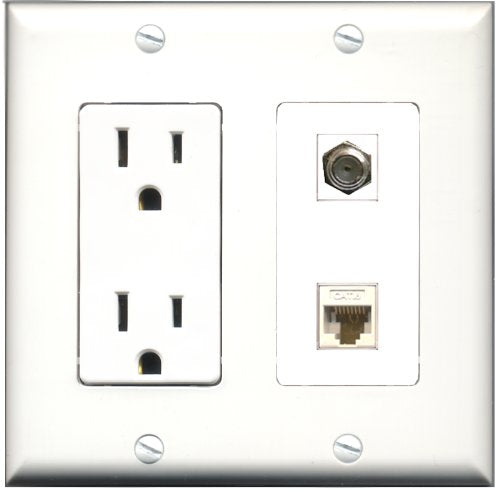 RiteAV - 15 Amp Power Outlet and 1 Port Coax Cable TV- F-Type and 1 Port Cat6 Ethernet White Decorative Type Wall Plate White