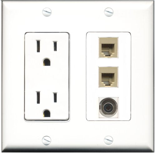 RiteAV - 15 Amp Power Outlet 2 Port Phone Beige 1 Port 3.5mm Decorative Wall Plate