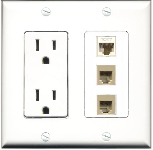 RiteAV - 15 Amp Power Outlet 2 Port Phone Beige 1 Port Cat6 Ethernet Ethernet White Decorative Wall Plate