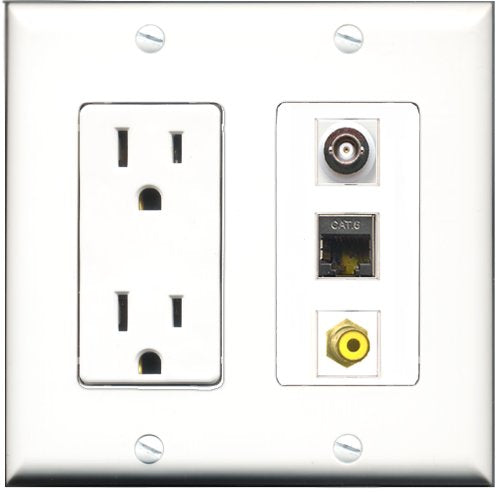 RiteAV - 15 Amp Power Outlet 1 Port RCA Yellow 1 Port Shielded Cat6 Ethernet Ethernet 1 Port BNC Decorative Wall Plate