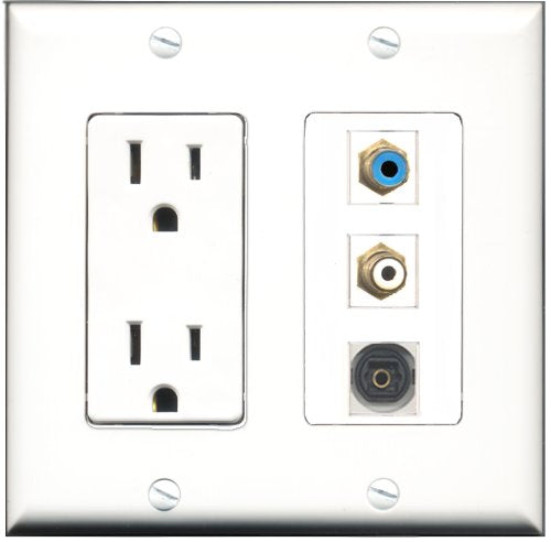 RiteAV - 15 Amp Power Outlet 1 Port RCA White 1 Port RCA Blue 1 Port Toslink Decorative Wall Plate