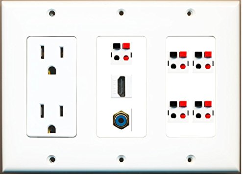 RiteAV - (3 Gang) 15A Power Outlet HDMI RCA Blue 5 Speaker Jack Wall Plate White