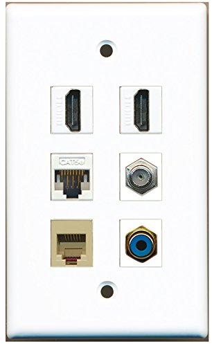 RiteAV - 2 HDMI 1 Port RCA Blue 1 Port Coax Cable TV- F-Type 1 Port Phone RJ11 RJ12 Beige 1 Port Cat5e Ethernet White Wall Plate